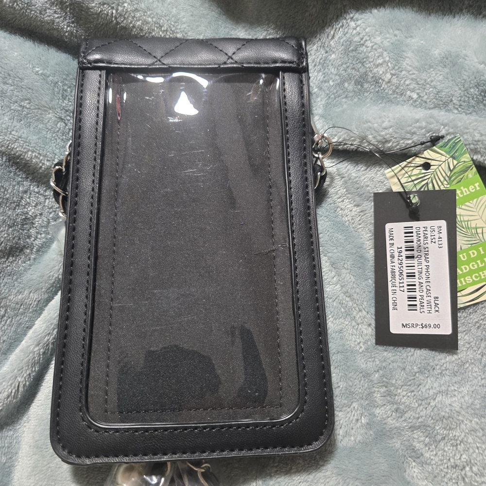 Badgley Mischka Black Vegan Leather Pearl Strap Crossbody Phone Case - Picture 3 of 5